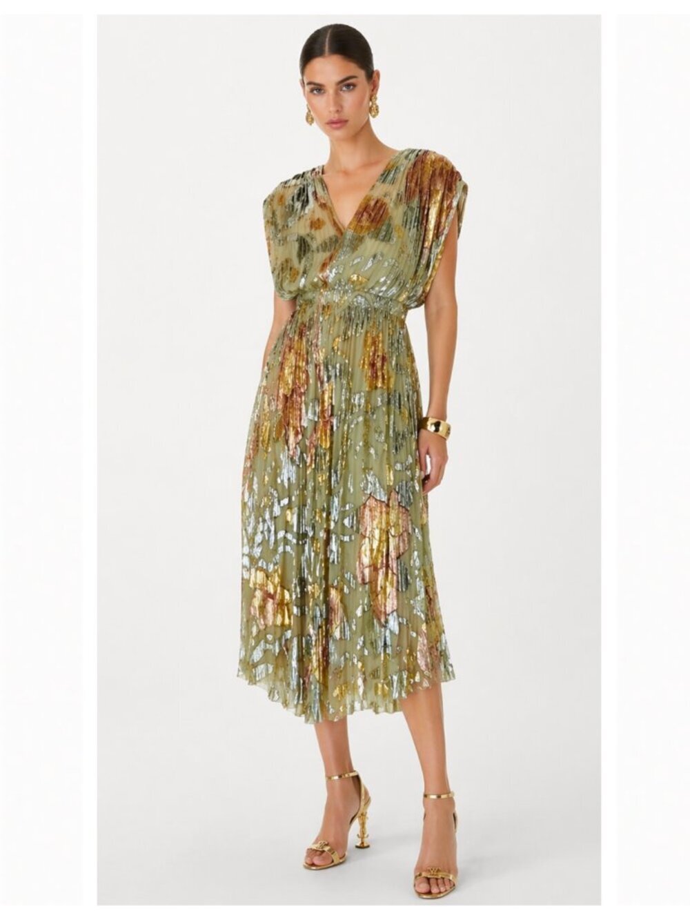 CO. Hand Painted Watercolor French Velvet And Silk Pleated Midi‎ Dress